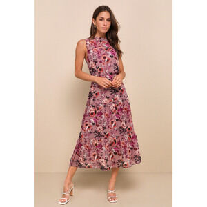 Lulus In My Dreams Mauve Floral Print Midi Dress Purple - Size L